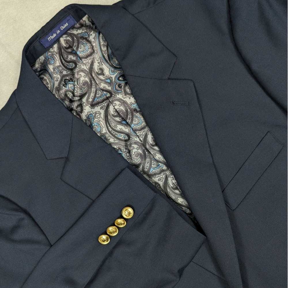 Alan Flusser Mens Navy Blue Blazer Gold Crest Buttons Paisley Lining 38R Coat